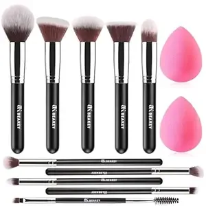 BEAKEY Makeup Brushes Set, Professional Foundation Eyeshadow Concealer Blush Powder Bronzer Applicator, 2 Blender Sponge with Beauty Paper Case