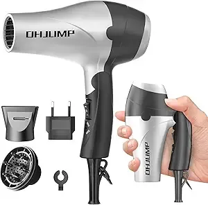 Travel Hair Dryer Blow Dryer with Diffuser, Portable Small Dual Voltage Compact Hairdryer, EU Plug, 1875W Powerful Fast Dry, Folding Handle, Diffuser Hair Dryer Silvery