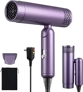 Foldable Hair Dryer, Fast Drying Ionic Blow Dryer, Travel Hair Blow Dryer with Removable Nozzle and Storage Bag, Lightweight Portable Hairdryer for Women, Purple